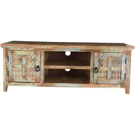Aravali 2 Door Plasma TV Cabinet - Mango Wood - L40 x W146 x H55 cm - Distress Finish
