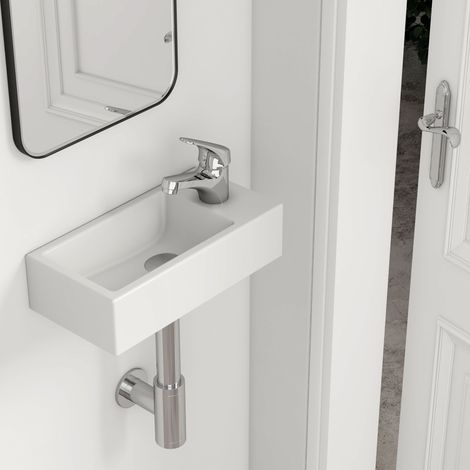 EMKE Vasque suspendue Salle de Bain en céramique, Lavabo suspendu rectangulaire avec trou de robinet à droite, blanc brillant - 40,5 x 20.5 x 10,5 cm (1/5)