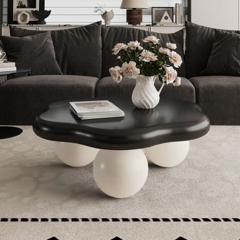 Table basse nuage 80 cm forme pétale pieds sphériques bicolores. Style minimaliste adapté petits appartements,enfants et salon familial.