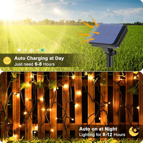 Luci solari a catena per esterni, 7 m, 50 LED, filo di rame, 8 modalità, timer, IP65, resistenti alle intemperie, per cortile, albero di Natale, giardino, camera da letto, balcone (1/4)