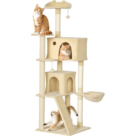 PawHut árbol rascador para gatos 180 cm, con múltiples plataformas, cama, 2 cuevas, hamaca, escalera, postes de sisal, bolas para jugar, beige