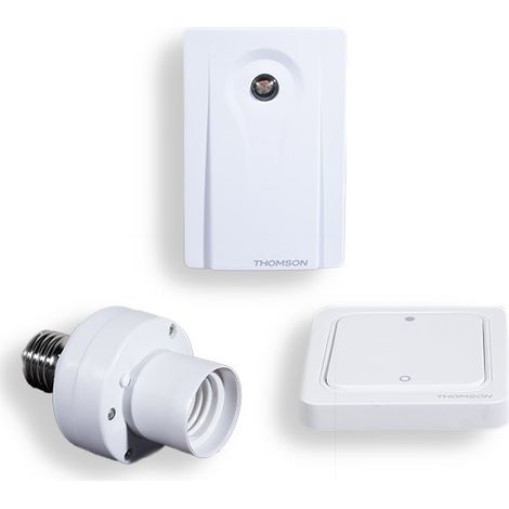 Thomson – Kit d'éclairage extérieur sans fil – Alimentation 230V – IP44 – Télécommande murale – Capteur crépusculaire intégré (1/4)