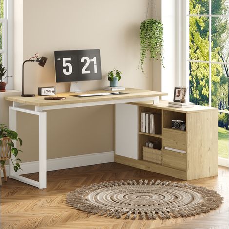 Escritorio en L de MDF y metal 152 x 113,5 x 76 cm color madera natural y blanco con almacenaje (1/5)