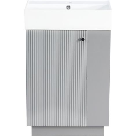 Mueble lavabo de baño de 55 cm gris en MDF con lavabo de cerámica y toallero WC extraíble (1/5)