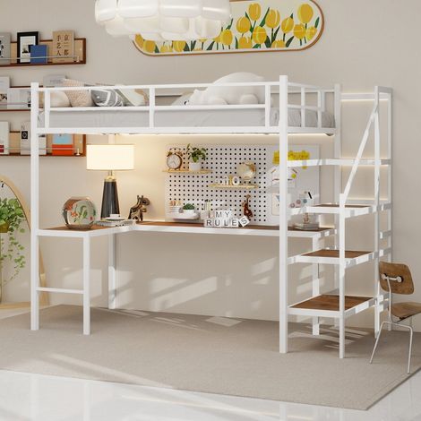 Lit mezzanine 90x190 cm avec bureau en L, étagères et rangements, structure métal avec échelle sécurisée et garde-corps, blanc (1/5)