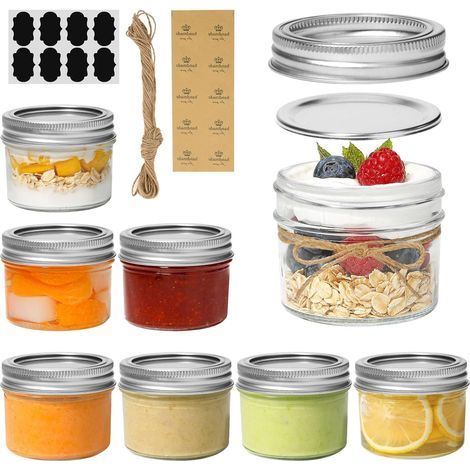 8 Pièces Mini Bocaux Mason, 120ml Pot Mason à Bouche Régulière Petit Pot de Conserve en Verre avec Couvercle, Bande D'Étanchéité, Étiquettes et Corde - pour Pimenter Confiture Gelée Dessert (1/5)