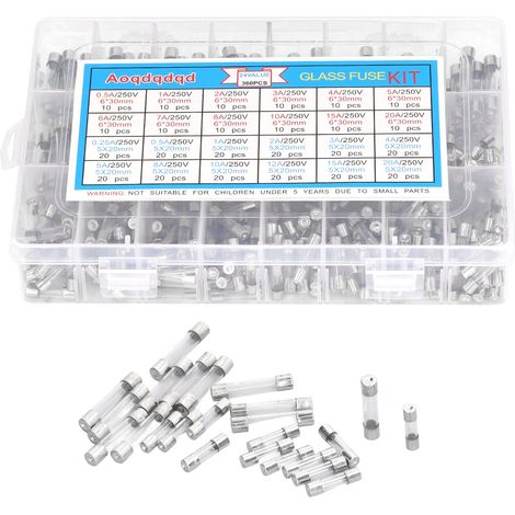 360 Pièces Fusible Verre 6x30mm 5x20mm 0.25A‑20A, Kit Protection Circuit Électrique, 24 Types Assortis pour Réparation Électronique (1/5)