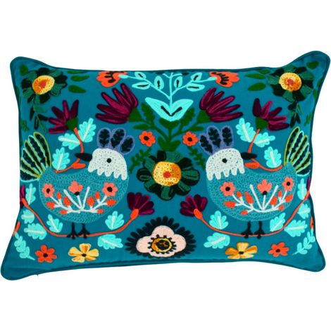 Kissen aus Baumwolle türkis mit Vögeln und Blumen 52 cm