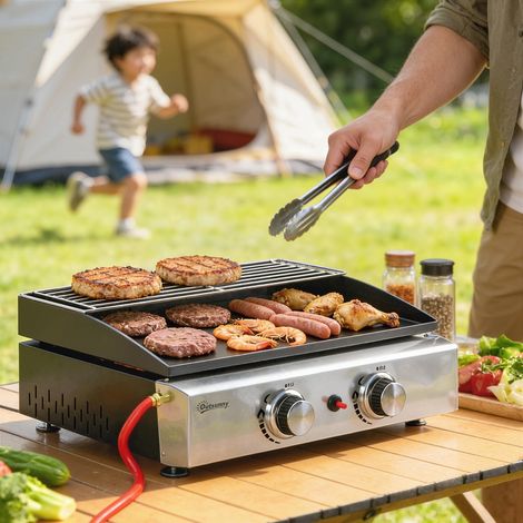 Barbecue à gaz 5 kW, barbecue de table portable à 2 brûleurs, revêtement en émail céramique (1/5)