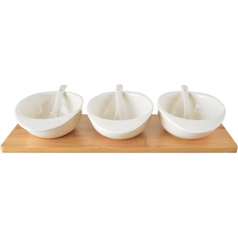 Cuencos para aperitivos con cucharas, porcelana blanca, en bandeja, WHITELINE, 32 cm, 7 piezas.