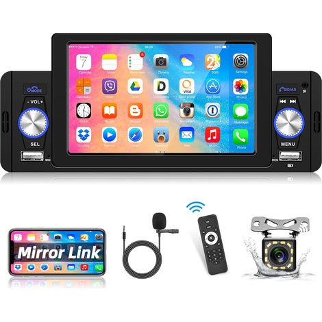 1 Din Autoradio mit Bluetooth, 5-Zoll-Bildschirm, Autoradio-Bildschirm, unterstützt MP5-Empfänger, Mirror Link, UKW-Radio, Fernbedienung, SWC + Rückfahrkamera und Mikrofon
