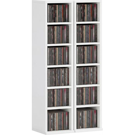 Lot de 2 étagères CD DVD, rangement 12 compartiments, 21 x 22,5 x 88,5 cm, blanches pour salon bureau (1/5)