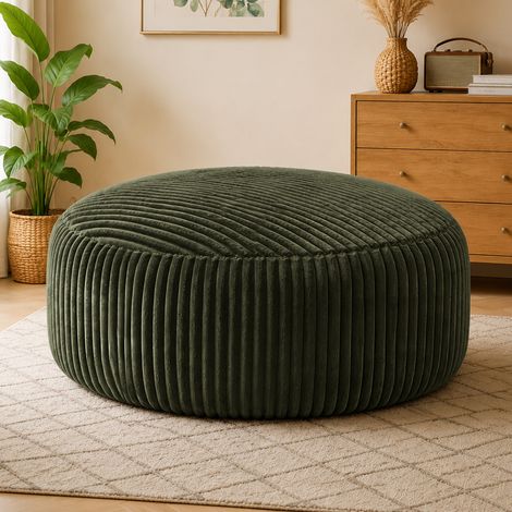 Puffa a sacco rotonda, imbottitura in schiuma memory granulare, tessuto corduroy, verde (1/5)