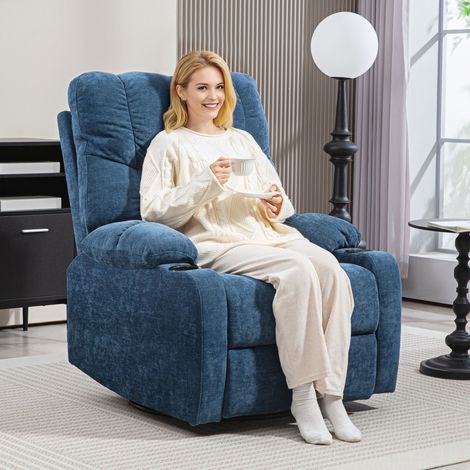 Sillón reclinable giratorio y mecedor con reposapiés, respaldo ajustable, portavasos, muelles ensacados, tejido azul (1/5)