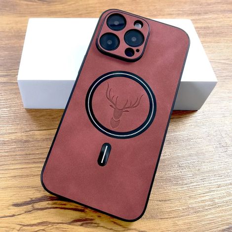 Luxuriöse Hülle aus PU-Leder mit Hirschmotiv, kompatibel mit iPhone 16, 15, 14, 13, 12, 11 Pro Max Plus, 16E, 15 Pro, 14 Pro, 13 Pro Max und MagSafe. Kompatibel mit kabellosem MagSafe-Laden. Rot. (1/5)