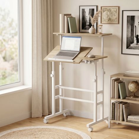 Bureau assis debout réglable hauteur 70x60 cm, roulettes plateau inclinable marron. Ergonomique et mobile pour un travail confortable et productif au quotidien. (1/5)