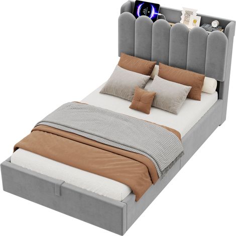 Kinderbett Einzelbett mit Stauraum, USB, Type-C und Leselampe 90 x 200 cm, ohne Matratze, Grau (1/5)