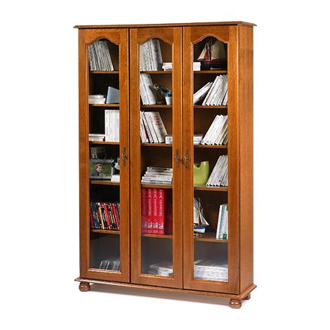 Beaux Meubles Pas Chers – Bibliothèque en chêne massif 3 portes vitrées – 12 niches – Dimensions L 120.6 H 182.2 P 33 cm – Pour rangement livres et objets décoratifs (1/6)