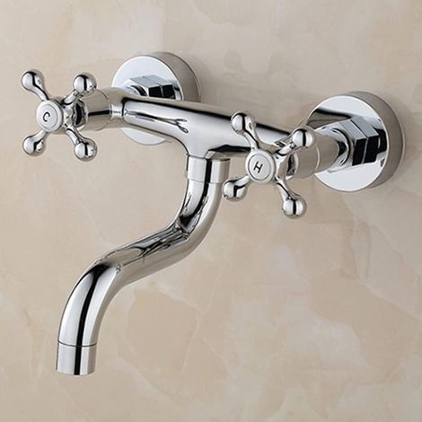 Wandhalterung Bad Wasserhahn Küchenarmatur drehbare Auslauf, Zweigriffmischer, Verchromte Messing