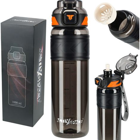 Tritan-Wasserflasche 1000 ml mit Messbecher – schwarz