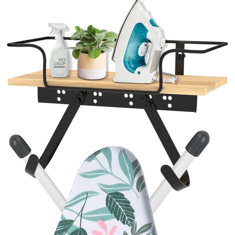 Soporte de pared para tabla de planchar con cesta grande y ganchos resistentes. Soporte para plancha y tabla de planchar en lavandería. Admite plancha y tabla (A).