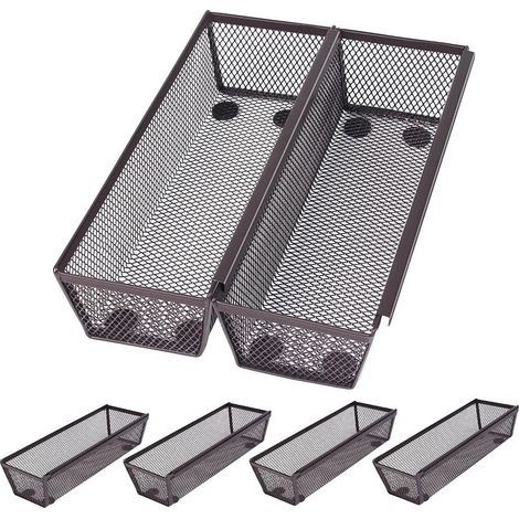 Lot de 6 paniers de rangement de cuisine en maille bronze – Paniers de rangement en métal à emboîtement fin – Caoutchouc antidérapant – Tiroir de cuisine extensible pour ustensiles et couverts (Noir) (1/5)