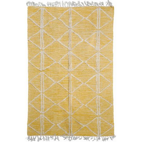 Tapis 120 x 180 cm en coton jaune avec motifs et franges écru - ALIBA (1/5)