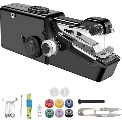 Machine à Coudre à Main pour Réparation Rapide, Mini Format Électrique USB ou Piles pour Retouches de Vêtement et Rideau, Set Accessoires de Couture avec 6 Bobines, Mètre et Ciseaux, Noir (1/5)