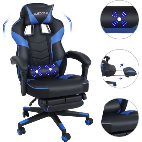 Puluomis – Chaise gaming ergonomique avec repose-pieds – Dossier réglable 90°-150° – Coussin lombaire à massage USB – Cuir PU bleu noir – Charge max 150kg