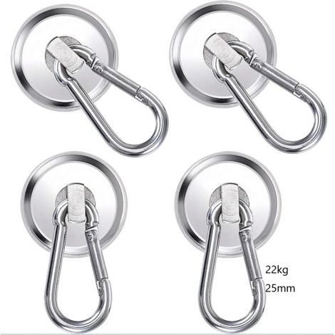 Magnethaken, 25 mm Neodym-Magnethaken, 4 Stück starke Magnethaken, 22 kg superstarke Karabinermagnete für Küche, Bürospinde, Kühlschrankmagnet