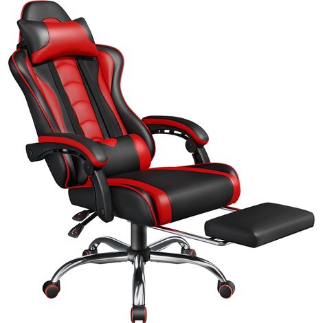 Yaheetech Sedia Gaming Ergonomica Massaggiante Reclinabile con Poggiapiedi Poggiatesta e Supporto Lombare Braccioli Imbottiti in Finta Pelle Poltrona Gamer da Scrivania con Ruote Girevole Rosso (1/5)