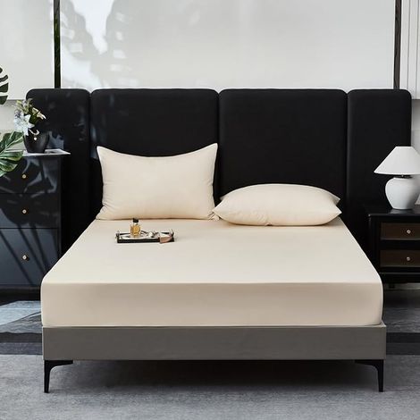 Fitted Sheet 140 x 190 cm Cotton Satin Light Beige 30 cm Cap Fitted Sheet Bed Sheet for Thick Mattresses (1/5)