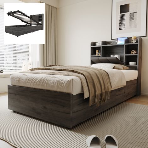 Lit coffre 90x200 cm, lit simple avec sommier à lattes, tête de lit avec rangement et chargeur USB, grand espace de rangement, design moderne, Gris (1/5)