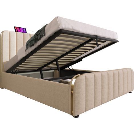 Doppelbett mit Staufach 140x200 cm in Leinen Beige, mit USB- und Type-C-Anschlüssen und Matratze (1/5)