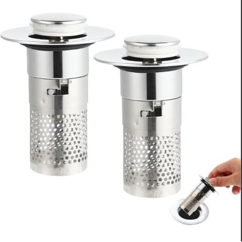 Lot de 2 Bouchon Lavabo, Acier Inoxydable, Filtre Intégré, Pop-Up, Salle de Bain Cuisine (1/5)