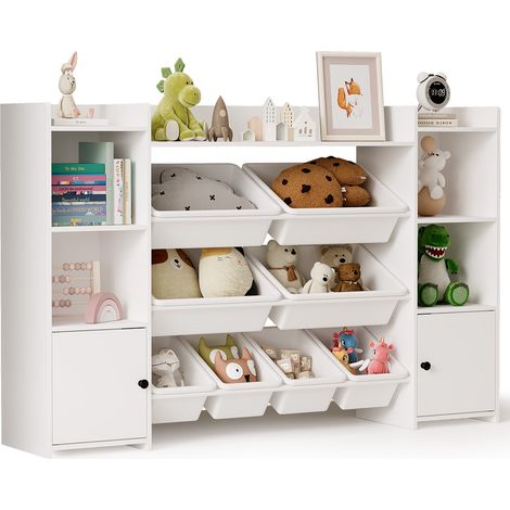 Mobiletto Portagiochi Bealife per Bambini con 2 Ante 7 Ripiani 8 Scomparti Adatto a Camere da Letto Soggiorni Camerette Bianco 140,6 x 30 x 90 cm (1/5)