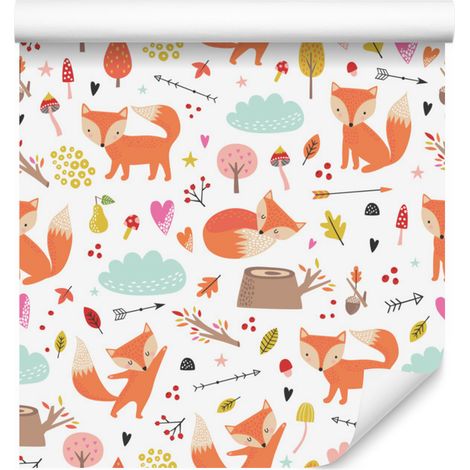 Papel pintado con lindos zorros en el bosque para salón y dormitorio, 50x1000 cm. (1/5)