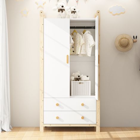 Armadio guardaroba in MDF e legno massello bianco/naturale con 2 ante, asta appendiabiti e 2 cassetti 89,6x44x180,5 cm (1/5)