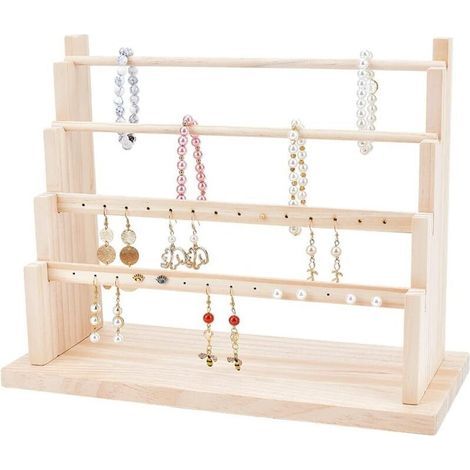 Présentoir à boucles d’oreilles en bois massif – 3 niveaux, 30 x 14,1 x 40 cm – avec support stable et compartiments pour cartes de visite & photos (1/4)