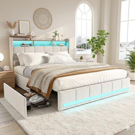 Cama tapizada 140x190 cm para adolescentes con cabecero LED y somier de láminas - Tejido de lino transpirable - Robusta y duradera - Gris (1/5)