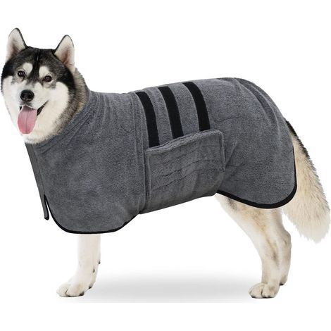 Peignoir en Microfibre, Serviette Extra Absorbant et Séchage Rapide avec Velcro et Bande Rétractable Réglable, pour Grands Moyens et Petits Chiens (Gris, XXL) (1/5)