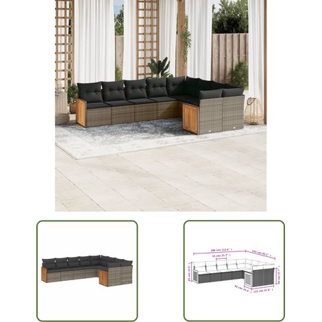 The Living Store 9-tlg. Garten-Sofagarnitur mit Kissen Grau Poly Rattan - Gartensorte - Gartenmöbelset - PE-Rattan Möbel - Outdoor Lounge Set - Wetterfeste Gartenmöbel (1/3)