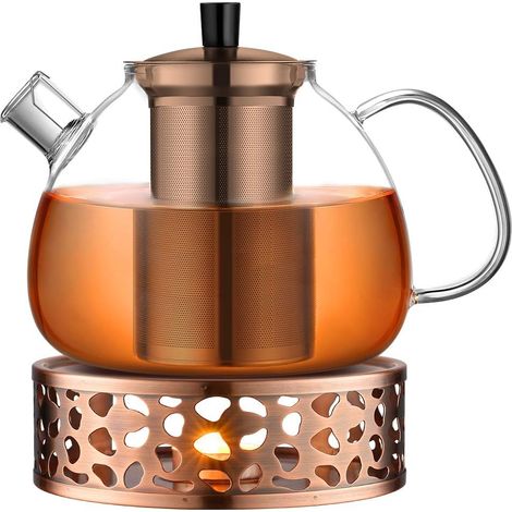 Théière en Verre avec Infuseur 1500ml avec Chauffe-Théières 18/8 Acier Inoxydable,Theiere Verre avec Infuseur Amovible en Acier Inoxydable(Couleur cuivre),pour Le Thé Noir Thé Vert Thé Parfumé (1/5)