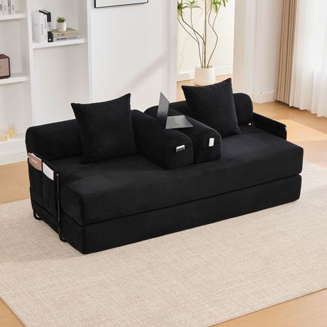 Divano trasformabile a 3 posti, divano dritto con 3 cuscini, mobile per soggiorno/camera da letto, struttura in metallo, tessuto a coste, nero (1/5)