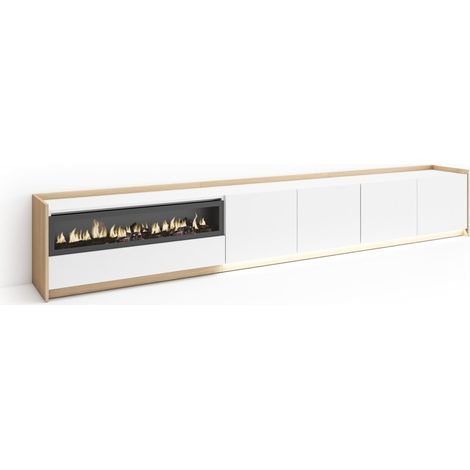 Skraut Home - Mueble TV, Televisión, Muebles de salón, almacenaje, 310x37x50cm, Para TV hasta 80", Chimenea eléctrica, LED, Estilo Moderno, Blanco y roble soft (1/5)