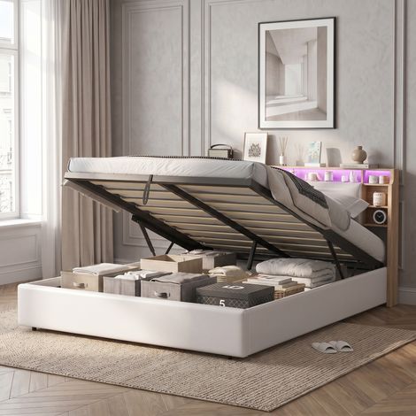 Letto matrimoniale 140x200 cm – Letto contenitore – Illuminazione LED RGB – Rete a doghe – Tre scomparti contenitore – Pelle bianca (1/5)
