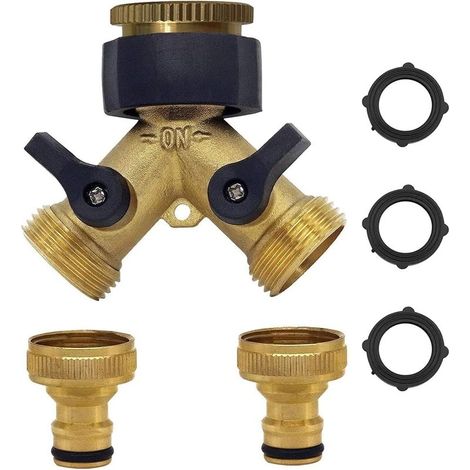 Robinet Double Machine a Laver, 2-Voies Y-Distributeur, Adaptateur Tuyau Arrosage en Laiton de 3/4"&1/2", Raccord en Y avec 2 Répartiteur de Tuyau pour Connexion de 2 Appareils (1/5)
