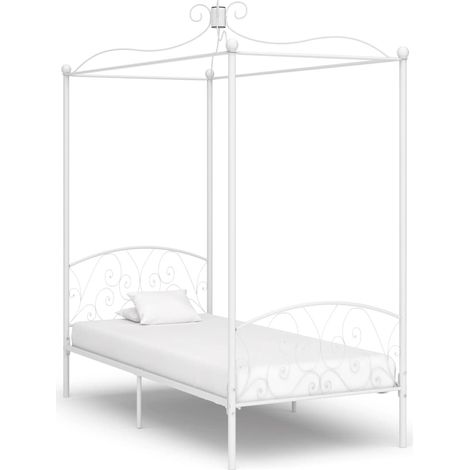 Lit à baldaquin Lit simple pour adulte - Cadre de lit Blanc Métal 100 x 200 cm BV245328 - BonneVie (1/4)
