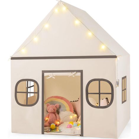 Kids Play Tent Large Playhouse with Door Curtain and Windows Star Lights-Beige (1/5)