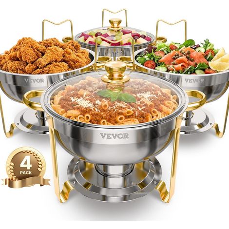 Lot de 4 Chauffe-Plats Buffet Ronds VEVOR Inox 4,6 L avec Couvercle en Verre Finition Dorée pour Hôtel Traiteur (1/5)